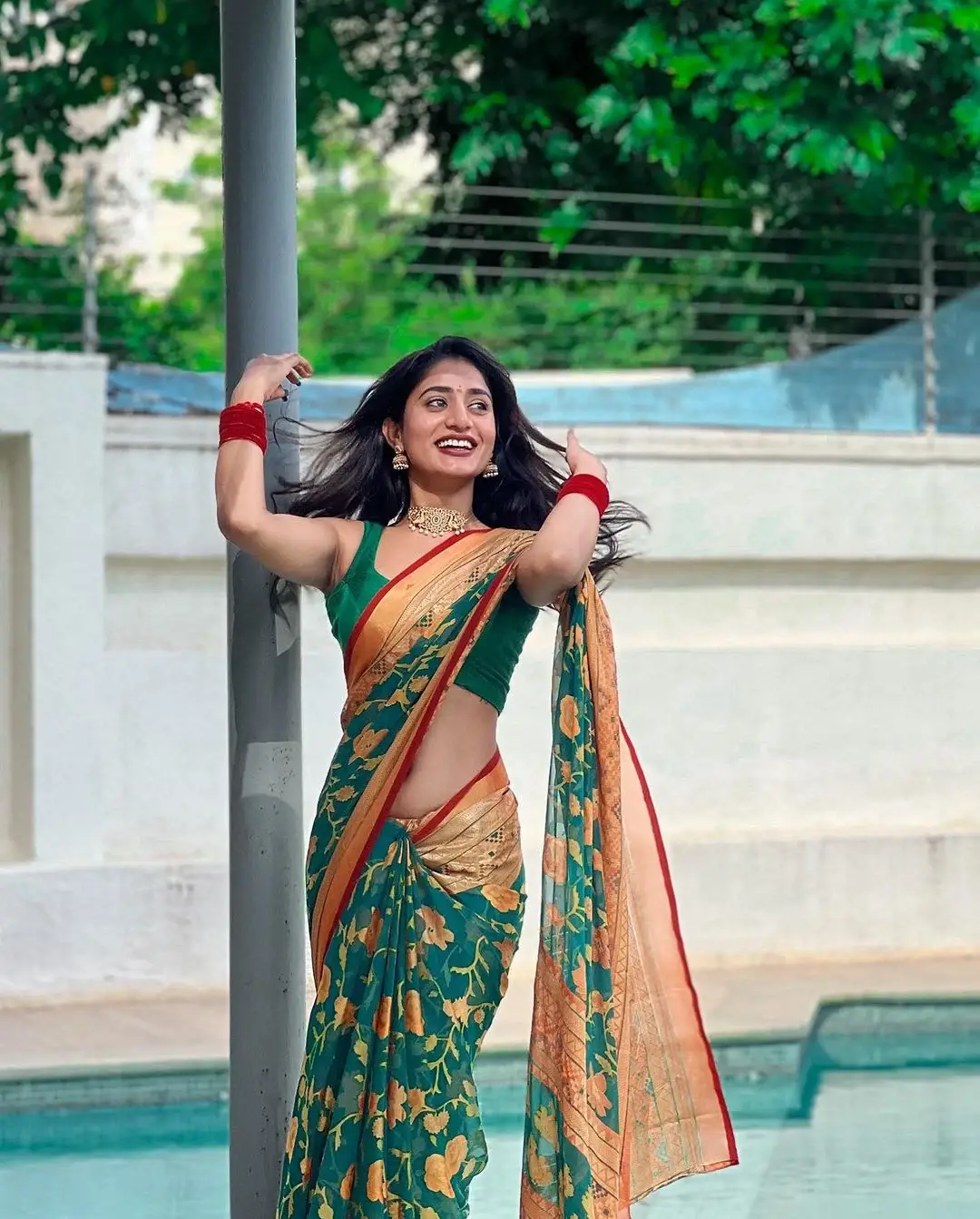 South Indian Actress Nayani Pavani in Traditional Blue Saree